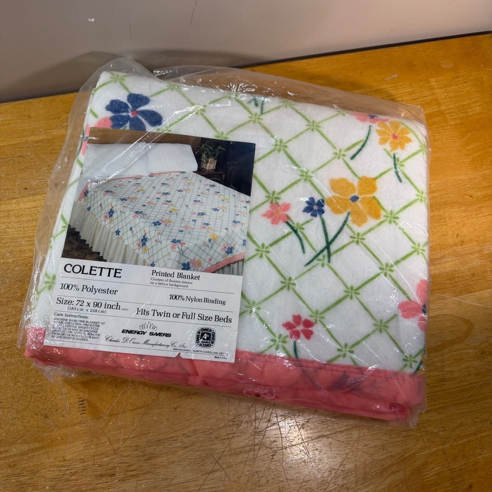Vtg Colette Blanket 72x90 White Floral Lattice Twin Full Pink Binding NEW